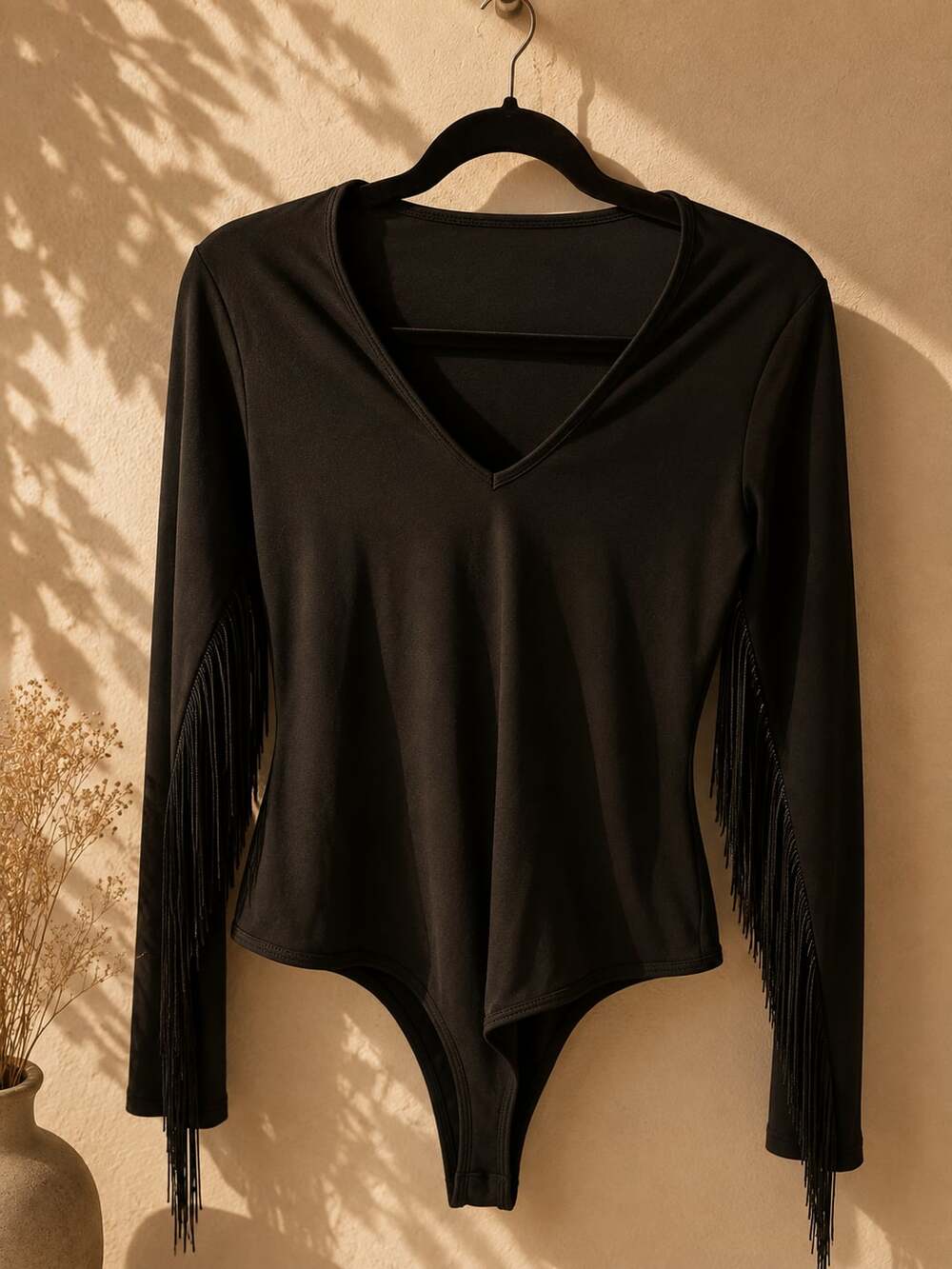 American Trends Women's Fringe Trim V Neck Long Sleeve Bodysuit
